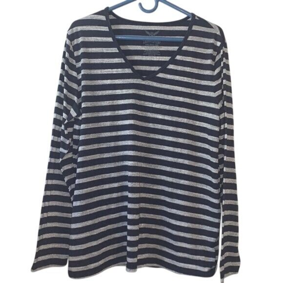 Faded Glory Womens Striped Long Sleeve V-Neck Top XXL/2X Metallic Navy & Silver - Picture 1 of 7